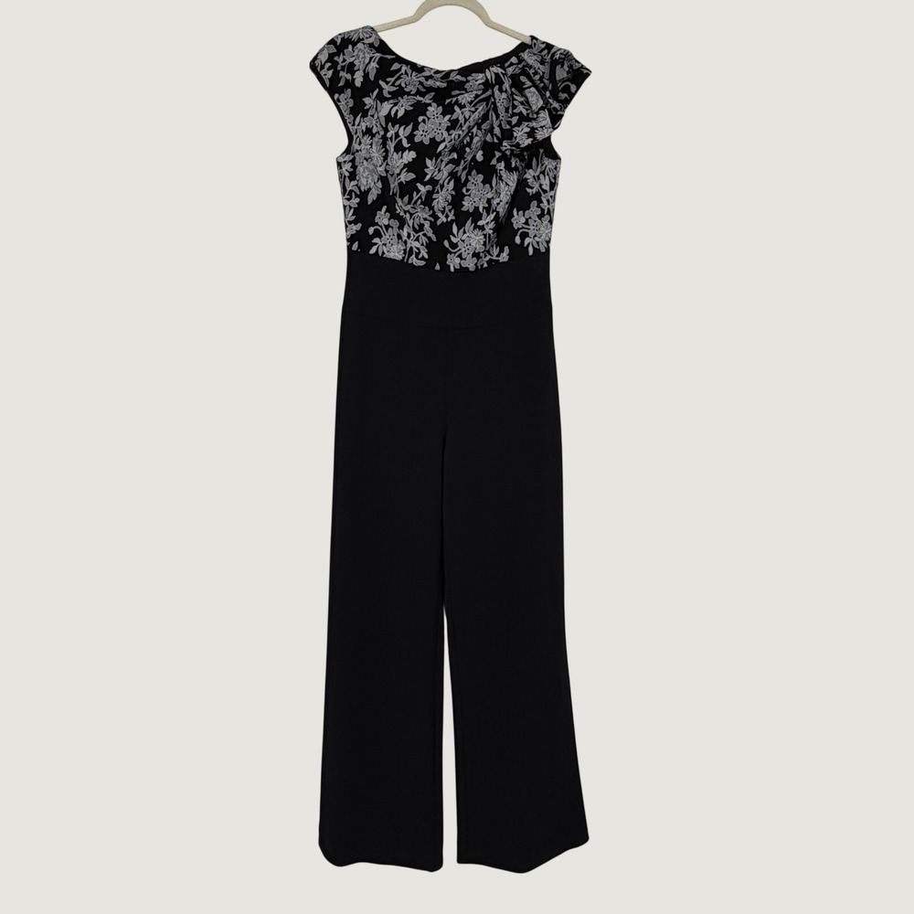 Tadashi Shoji Womens Black Floral Embroidered Wide Leg Jumpsuit Size 8 Evening
